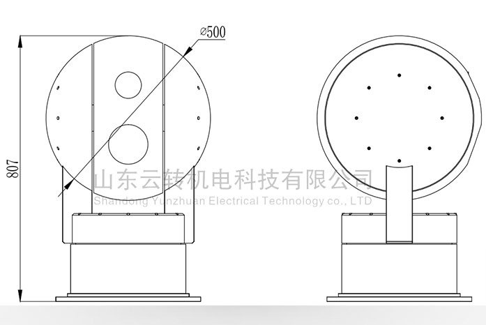 球形轉臺高精度電動伺服二維轉臺直徑500尺寸圖